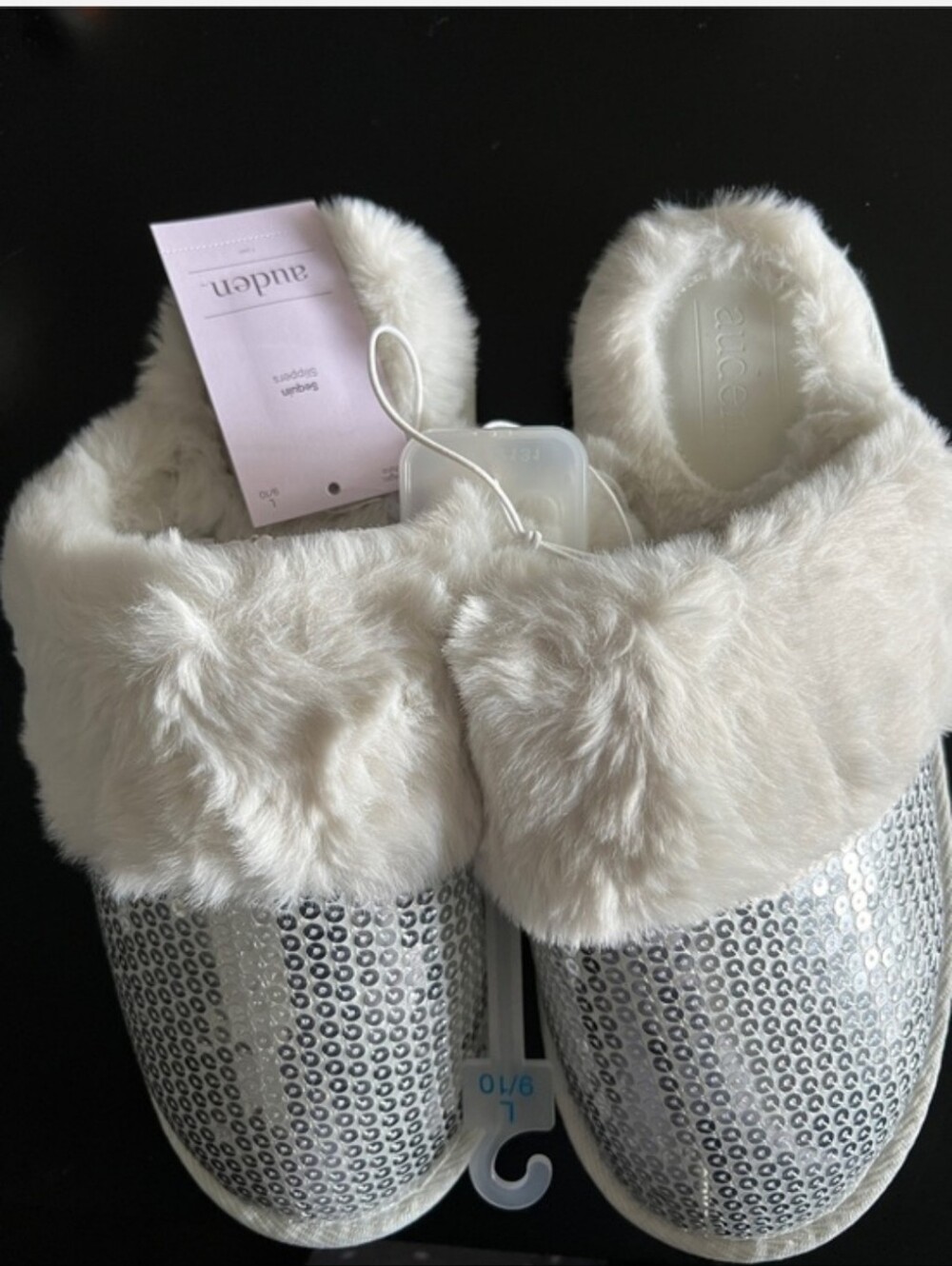 Auden Women's Silver Sequin Faux-Fur Slide Slippers Large 9/10 - Picture 3 of 3